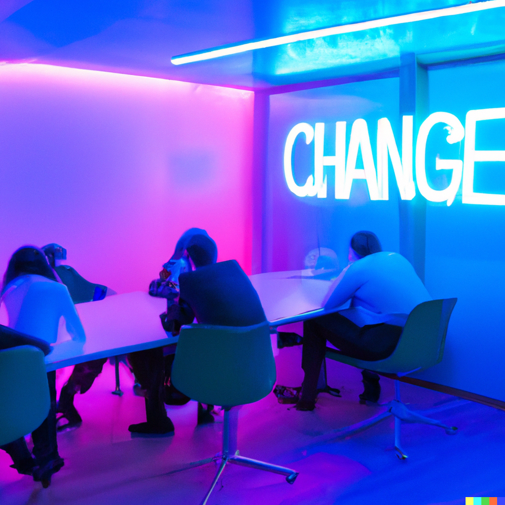 müde manager sitzen um einen Sitzungstisch und an der Wand häng eine Leuchtschrift mit dem Wort CHANGE.