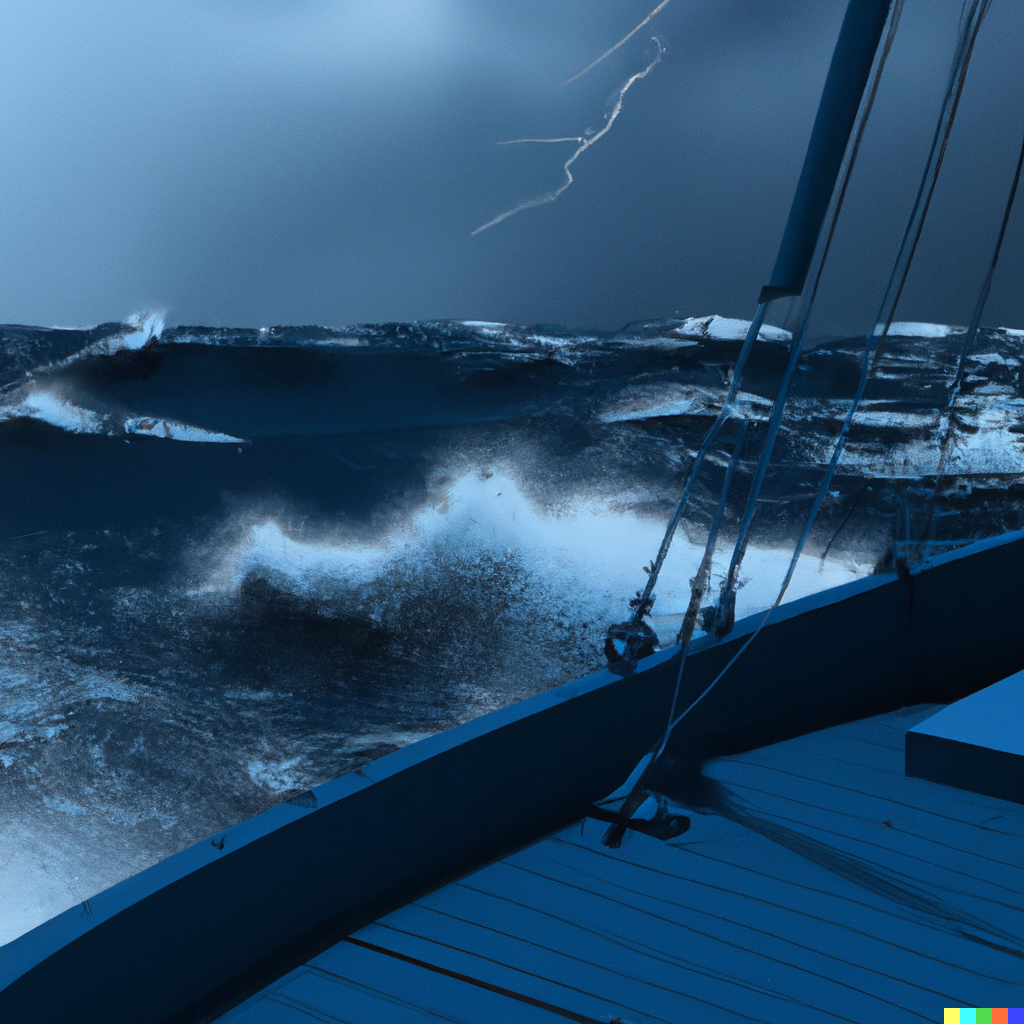 dramatic viem from a sailing boat on rough sea in a thunder storm.